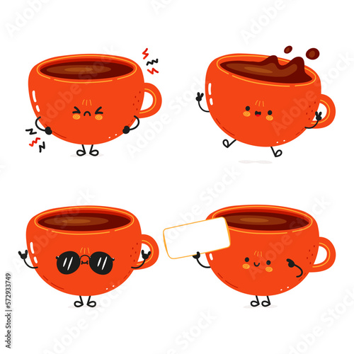 Funny cute happy cup of coffee characters bundle set. Vector kawaii line cartoon style illustration. Cute cup of coffee mascot character collection