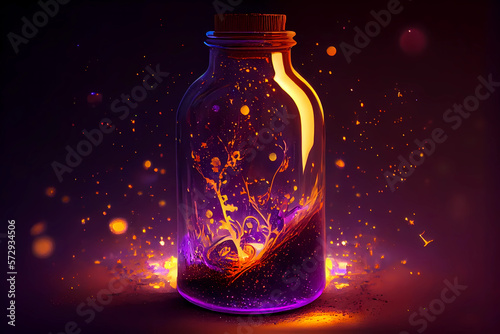 A glass bottle of healing magical potion with violet and white colors 