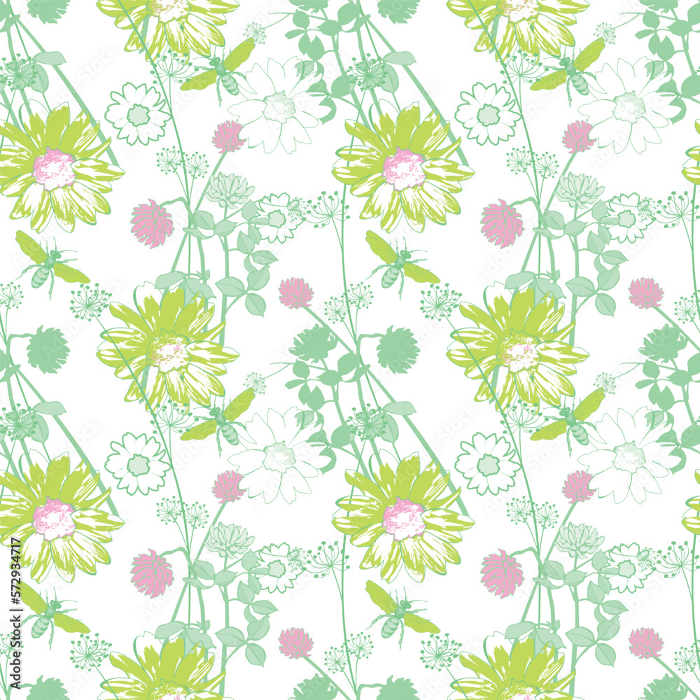 Fantastic flowers and butterflies. Seamless pattern. Vector illustration. Suitable for fabric, mural, wrapping paper and the like
