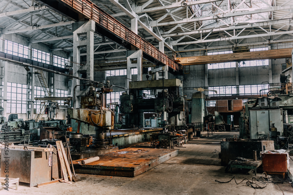 Old equipment, machines, tools in a rustic style in an abandoned mechanical factory