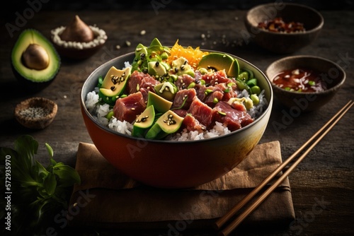 A bowl of Hawaiian poke with rice, fresh tuna and avocado