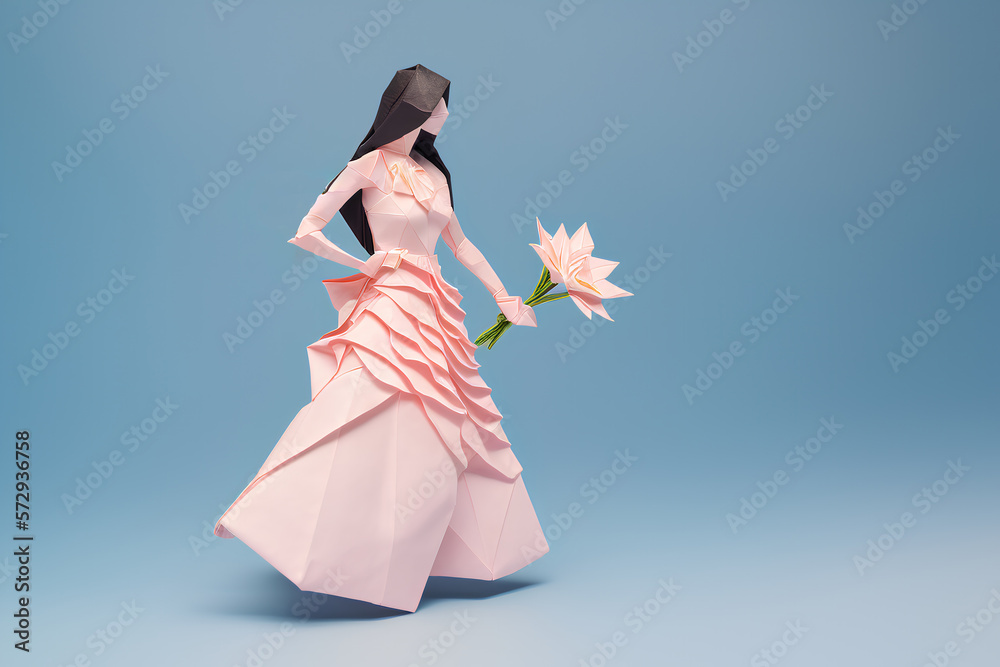 Naklejka premium Woman with abstract colorful flowers, paper art style, origami