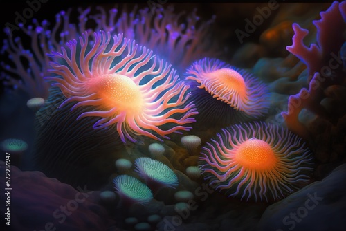 Sea anemones glowing, concept of Marine Life and Bioluminescence, created with Generative AI technology
