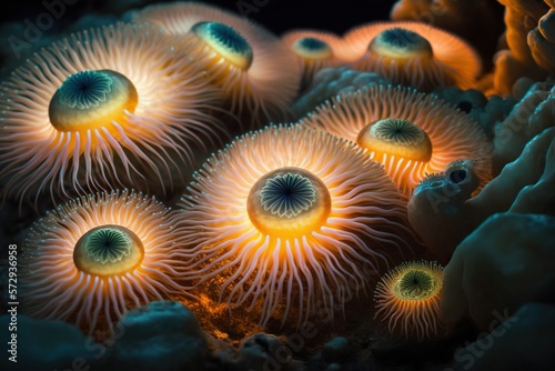 Sea anemones glowing, concept of Marine Life and Bioluminescence, created with Generative AI technology