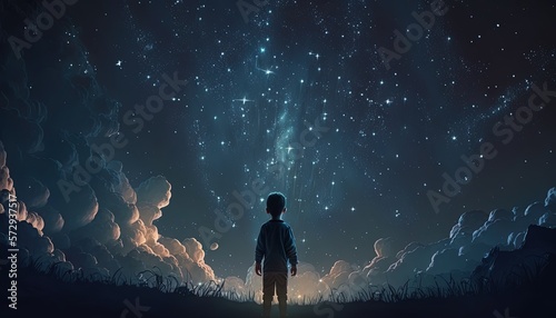 a boy under starfield in night time, glitter glow galaxy star flicker above, idea for prayer of hope, love, peace theme, Generative Ai 