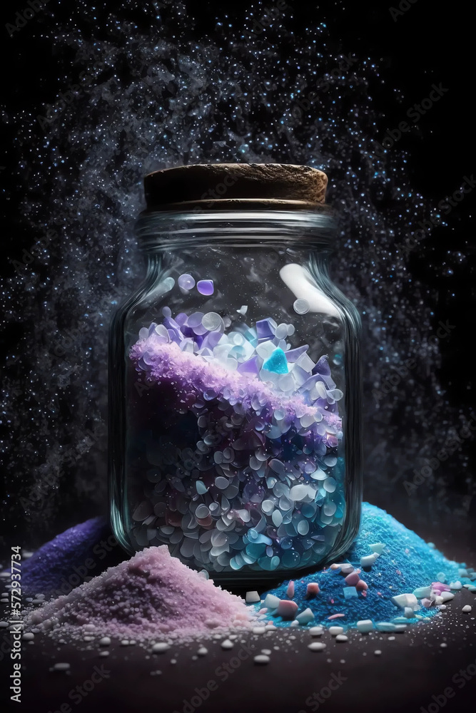 Salt in a jar on a black background, lilac and blue, scattered under the jar, Bath salt, Generative AI Salt in a jar on a black background, lilac and blue, scattered under the jar, Bath salt, Generative AI