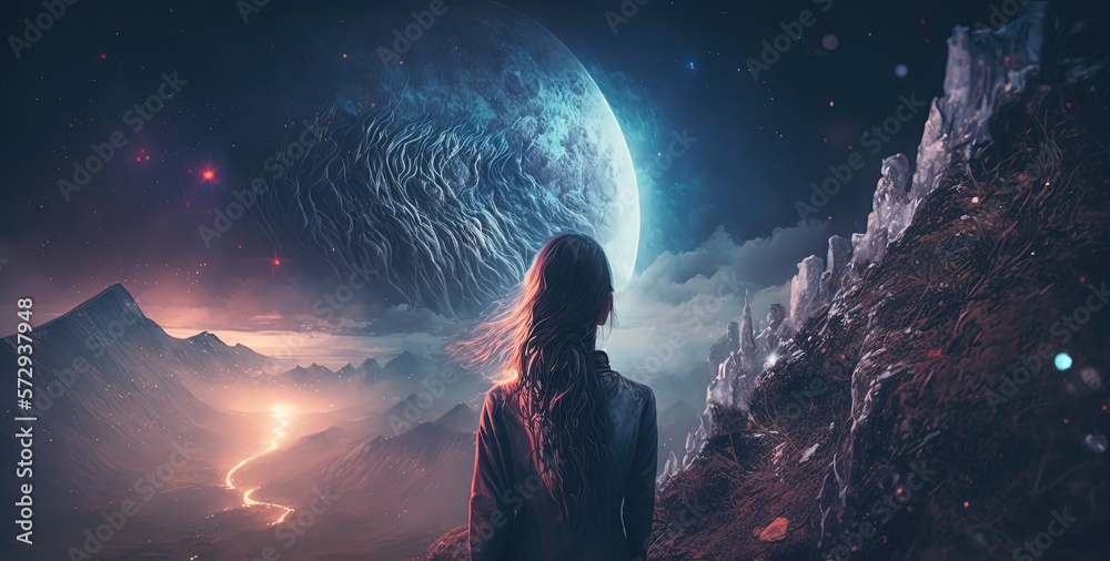 dream like gradient sky at night time, a woman at cliff looking far away to the horizon , idea for fantasy background wallpaper, Generative Ai	
