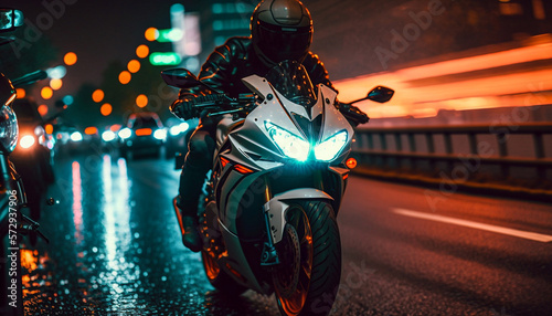 biker with helmet motorcycle in the city neon light Generative AI
