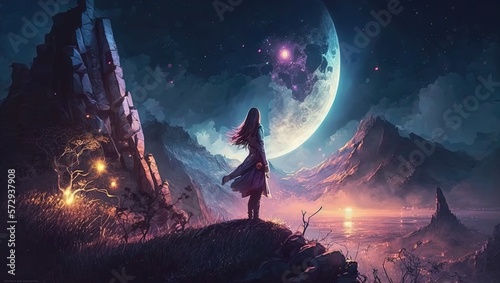 dream like gradient sky at night time  a woman at cliff looking far away to the horizon   idea for fantasy background wallpaper  Generative Ai  