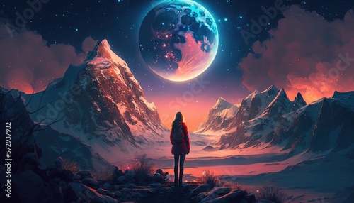 dream like gradient sky at night time, a woman at cliff looking far away to the horizon , idea for fantasy background wallpaper, Generative Ai 