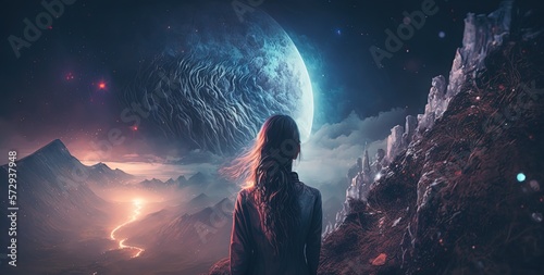 dream like gradient sky at night time, a woman at cliff looking far away to the horizon , idea for fantasy background wallpaper, Generative Ai 