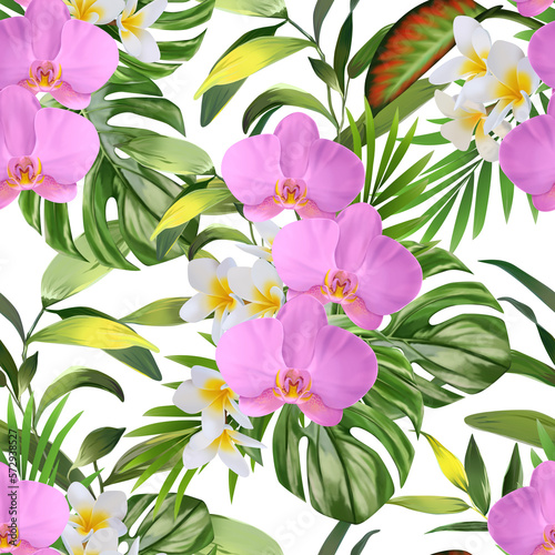 Seamless pattern. Tropical pattern. Orchid  flower of paradise. Exotic background  tropic