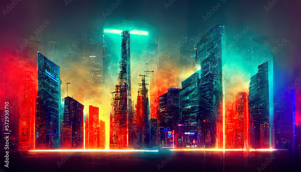 Futuristic city background with neon illumination. Generative AI