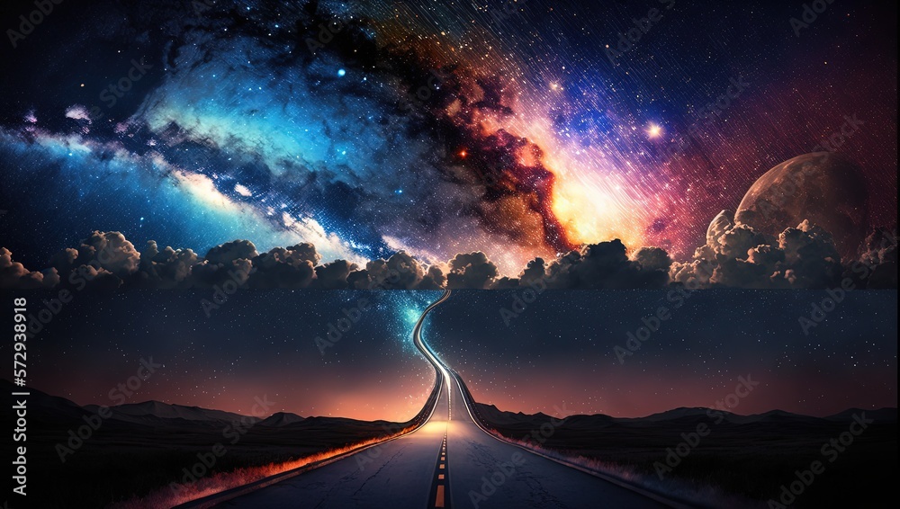 fantasy way to heaven, glitter glow starry midnight sky over the highway road to horizon, Generative Ai