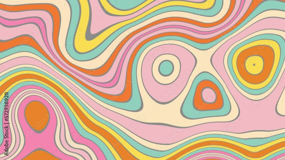 Abstract, retro, pastel wavy, liquid, psychedelic, groovy, hippie, flat, abstract, cartoon looping background in 70s retro style.