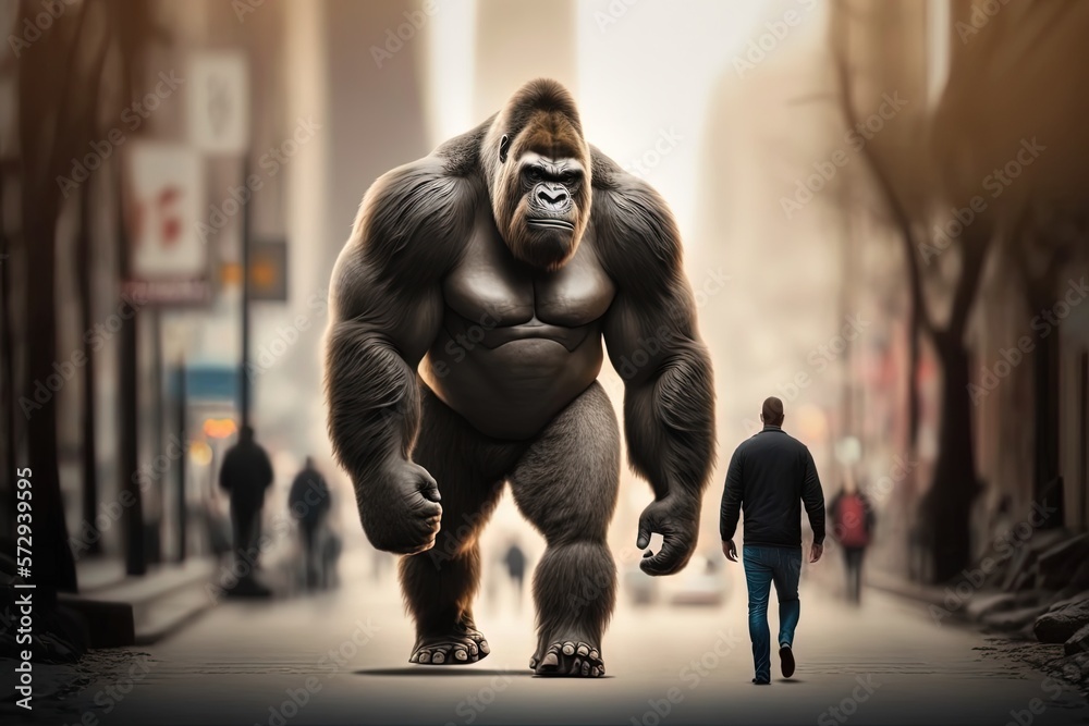 gorilla in big city, walking in town among man, Generative Ai gorilla in big city, walking in town among man, Generative Ai