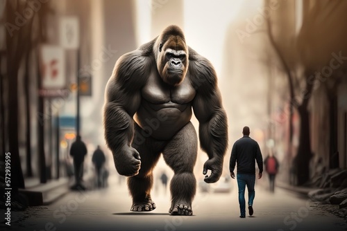 gorilla in big city, walking in town among man, Generative Ai