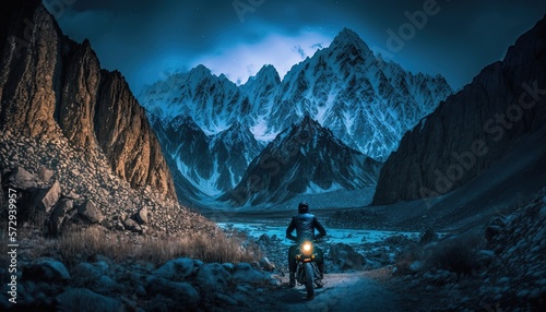 a biker travel on long journey visit rest with beautiful snow mountain view, Generative Ai photo