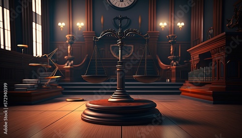 law and justice conceptual, antique beam scale with bokeh light, shine from dark, Generative Ai