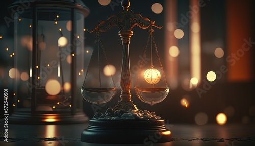 law and justice conceptual, antique beam scale with bokeh light, shine from dark, Generative Ai