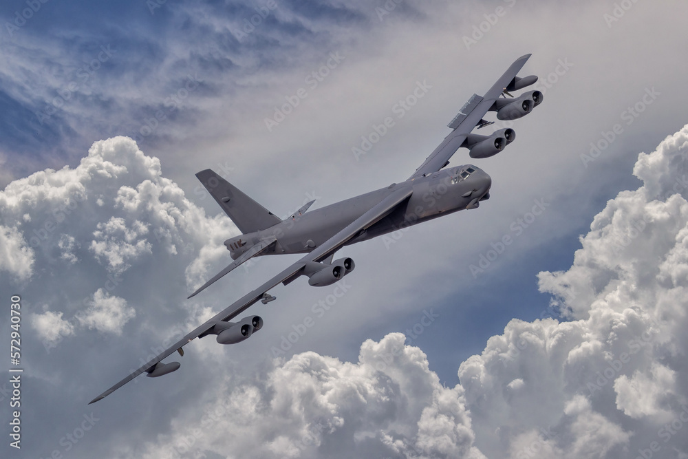 B52 long range heavy nuclear bomber. Jet Bomber on a long range combat  mission. Heavy eight engined B-52 Bomber warplane Photos | Adobe Stock