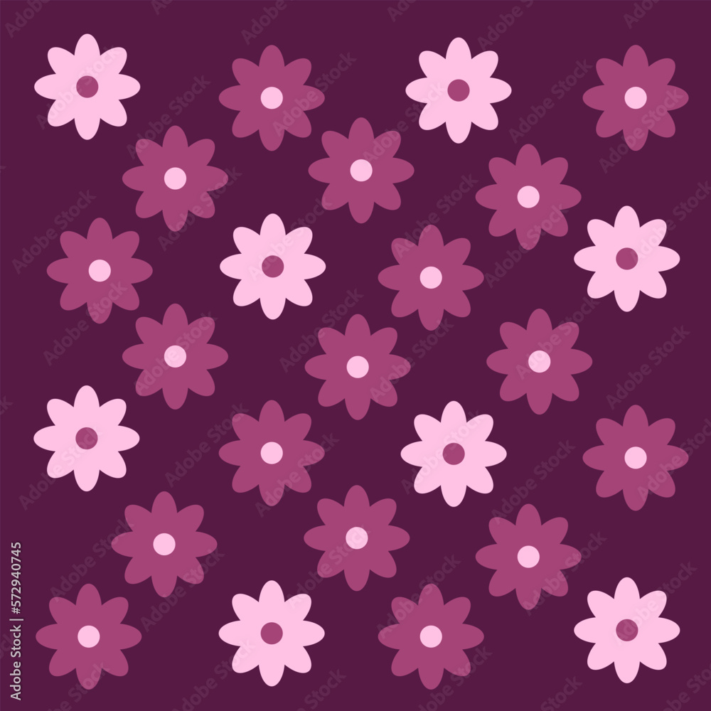 Groovy viva magenta floral backgrounds. Funky seamless pattern and texture in trendy retro 70s cartoon style.