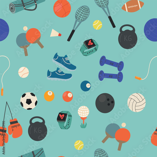 Various Sport equipment. Fitness inventory, gym accessories. Dumbbells, fitness tracker, headphones, bottle, jump rope, shoes, mat, boxing gloves. Healthy lifestyle. Hand drawn Vector seamless pattern