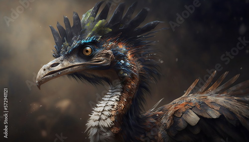 concept painting of a feathered dinosaur created with generative ai