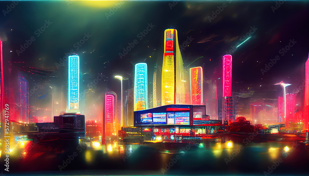 Futuristic city background with neon illumination.Generative Ai