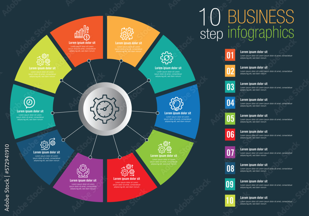 Circle chart infographic template with 10 options for presentations ...