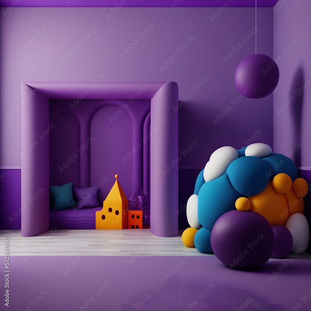 Bright and cozy modern playroom interior with purple furniture and decoration room on empty purple or white wall background, Ai generated
