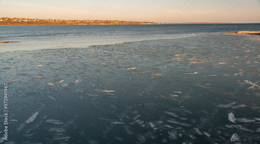 Floating ice near the shore of the Tiligul Estuary, Ukraine