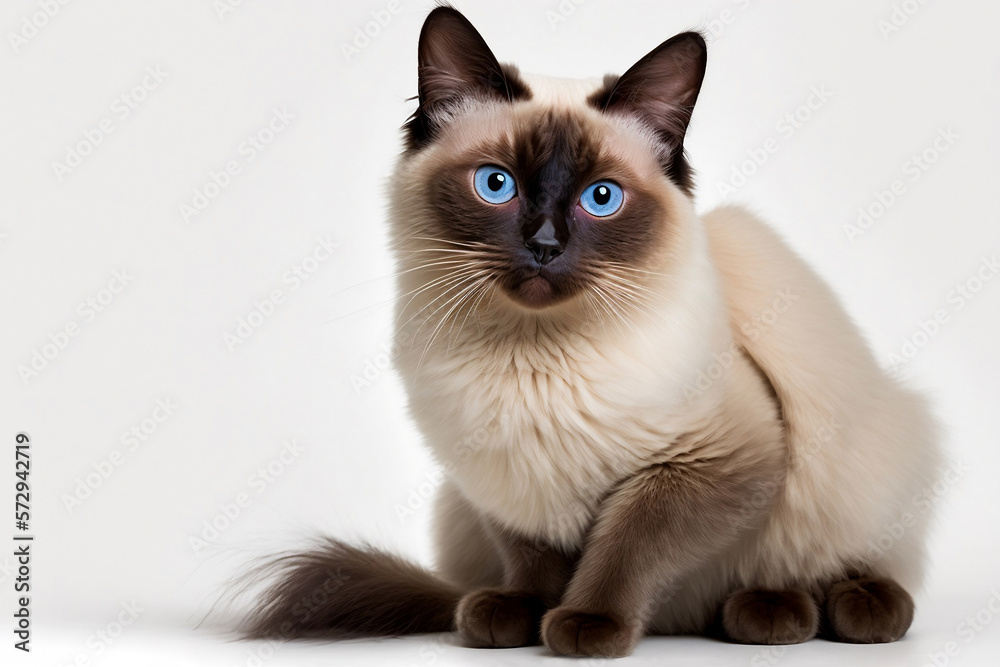 Siamese cat with blue eyes sits on a white isolated background. He's looking straight at the camera. Illustration of domestic pet. Advertising banner, template for graphics. Copy space. Generative AI.