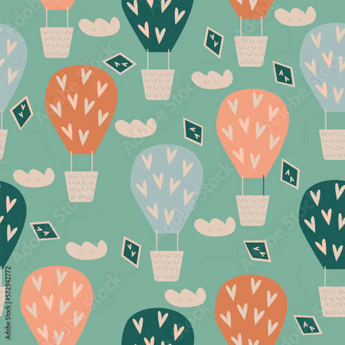 Colorful Seamless pattern of cute balloons decorated with designs of hearts and kites. Cute vector illustration	