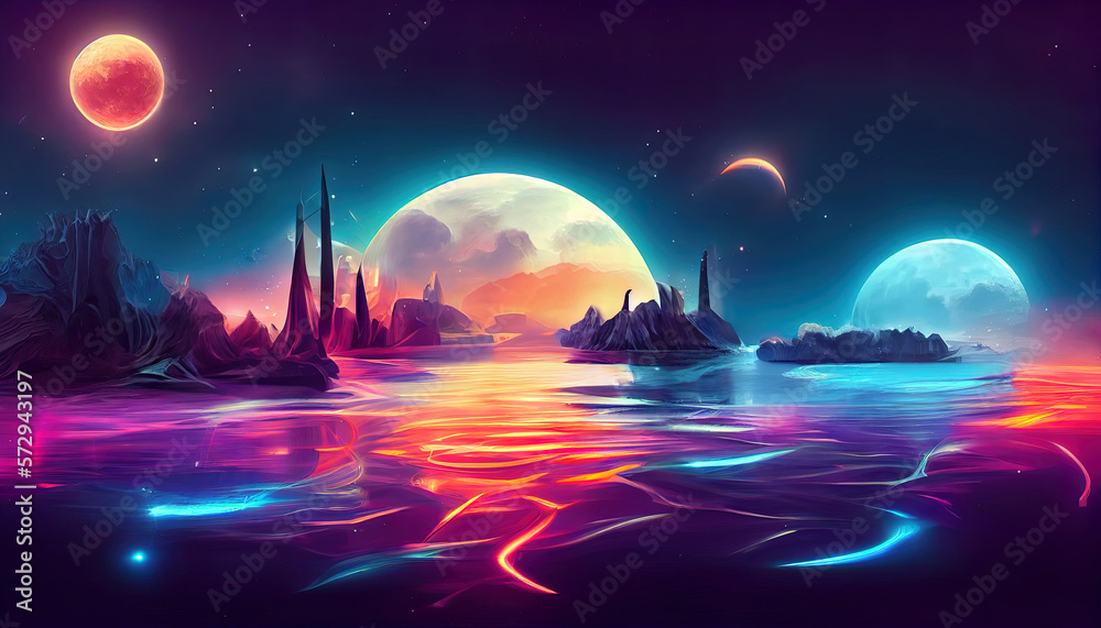 Modern futuristic fantasy night landscape with abstract islands and night sky with space galaxies. Generative Ai
