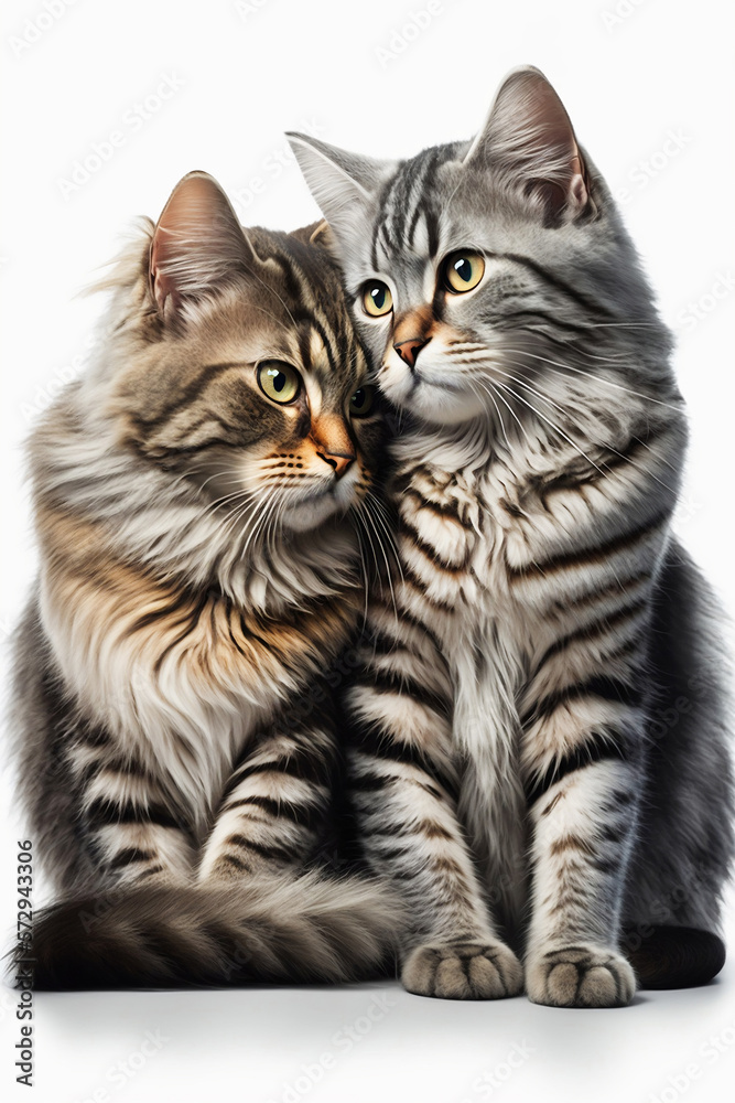 Obraz premium Portrait of two domestic cats hugging each other. Shot of pets on a white isolated background looking directly at the camera. Studio light. Advertising photo. Template banner, poster. Generative AI.