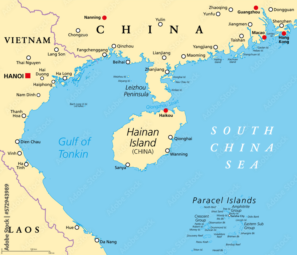 Fototapeta premium Hainan, southernmost province of China, and surrounding area, political map. Hainan Island, and the Paracel Islands, in the South China Sea, south of the Leizhou Peninsula, and east of Gulf of Tonkin.