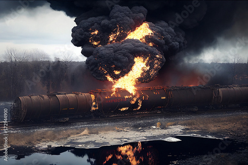 Fictional Train Derailment and Fire - Generative Ai photo