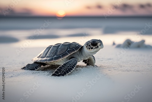 Little turtle on a white beach. Ai generative.
