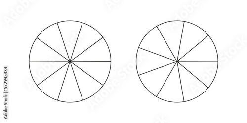 Segmented charts collection. Many number of sectors divide the circle on equal parts. Pie charts set. Outline thin graphics. 