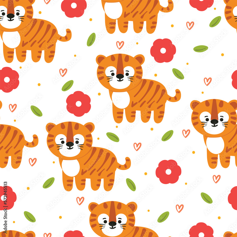 seamless pattern cartoon tiger and flower. cute animal wallpaper for textile, gift wrap paper