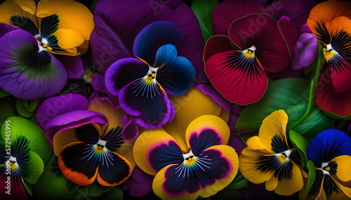 Colorful background from petals of colorful Pansies, Summer colors in the garden, Generative AI