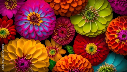Colorful background from petals of colorful Zinnias, Summer colors in the garden, Generative AI,Zinnias 