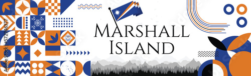 Marshall Island Independence day or Constitution Day abstract Banner with map, flag colors theme background and geometric abstract retro modern Blue and brown design. illustration banner template.