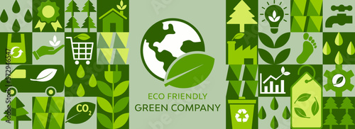 Sustainable business or green company vector illustration. Concept relating to eco-sustainability and environmental protection in an organization with related icons. for social media banner, poster.
