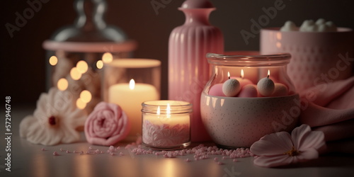 spa salon in pink soft lighting Candles,roses ,flowers, aromatherapy, composition, soft candle light, romantic relaxing cozy meditation therapy,valentines day concept background relaxation meditation 