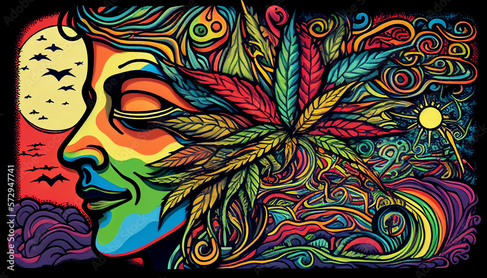 Fototapeta Peace Against War - A Colorful Trippy Doodle Artwork of Cannabis and a Beautiful Woman's Face generative ai