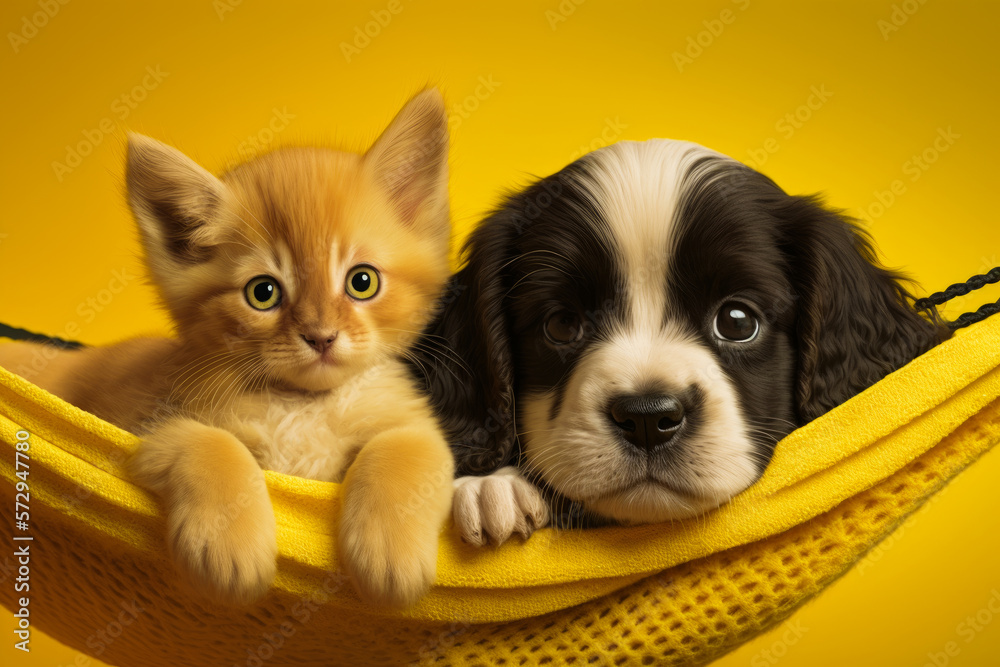 Cute kitten and dog in hammock on yellow background. Generative AI.