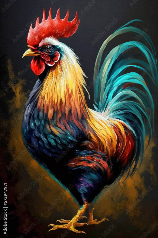 Painting of rooster with colorful feathers. Generative AI.