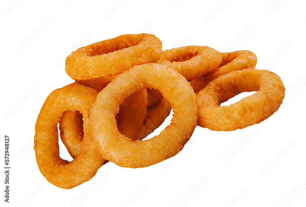 Delicious golden onion rings isolated on white